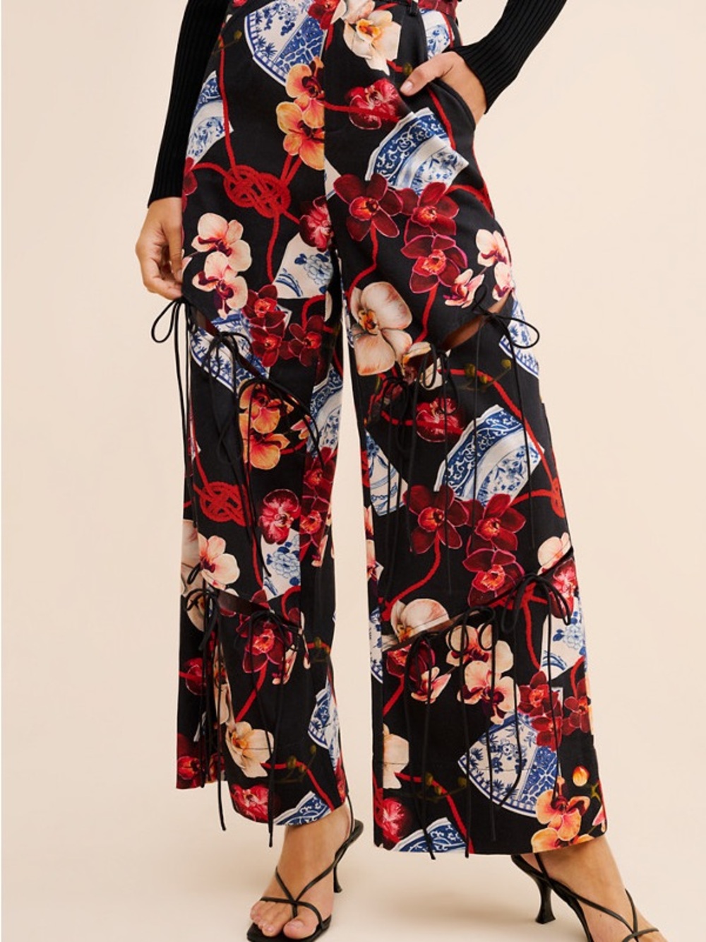 Black Floral Wide-Leg Drawstring Pants